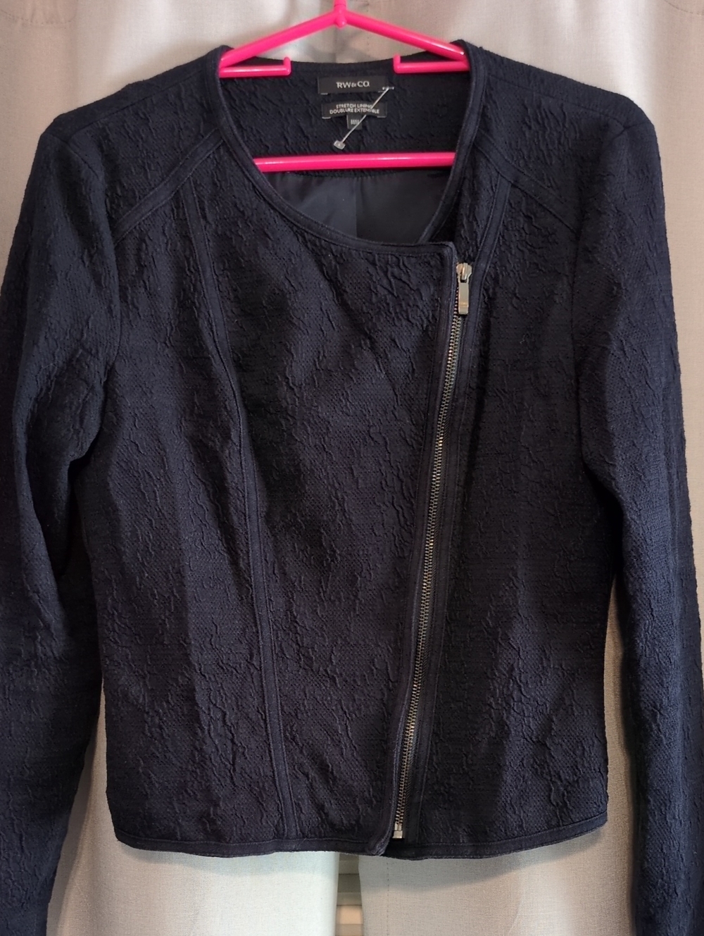 RW&CO. Navy Blue Textured Asymmetric Zip Jacket